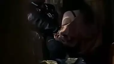 Lovers in restaurant having romance and GF sucking dick